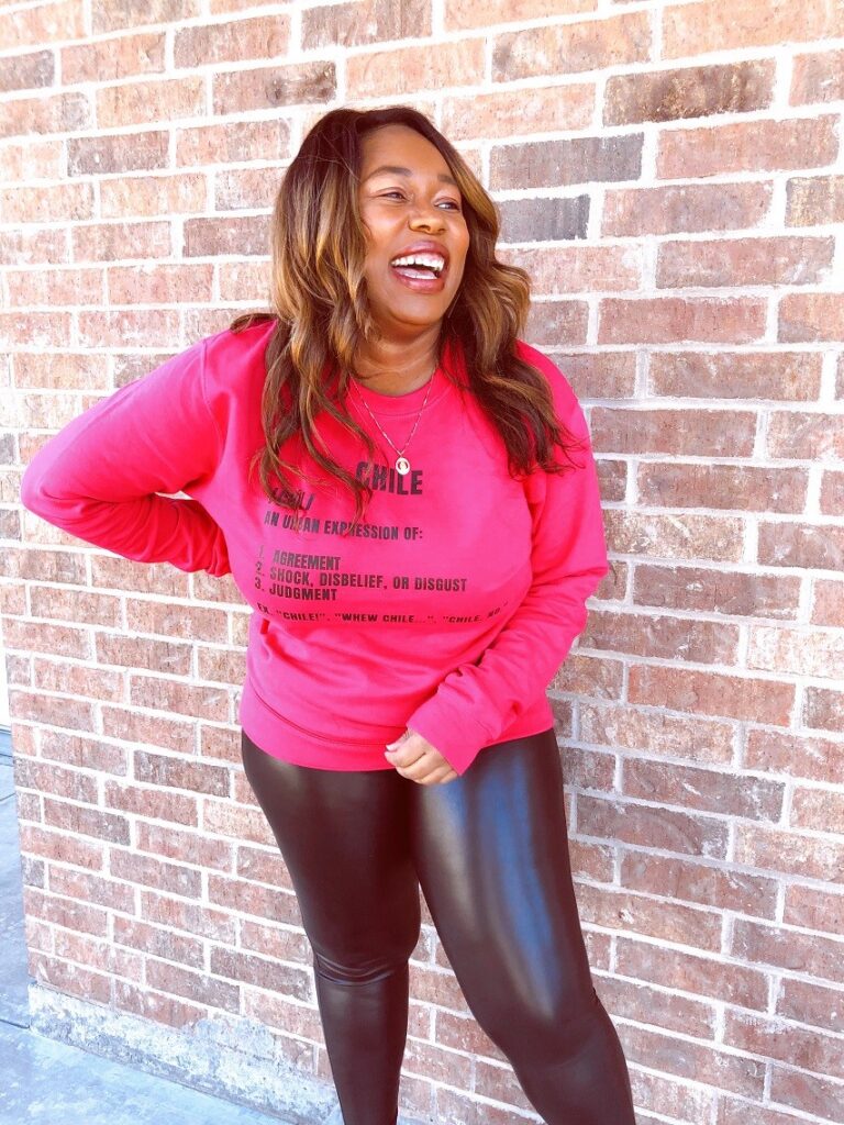 leather leggings outfit featuring pink sweatshirt from black owned boutique, a meaningful mood