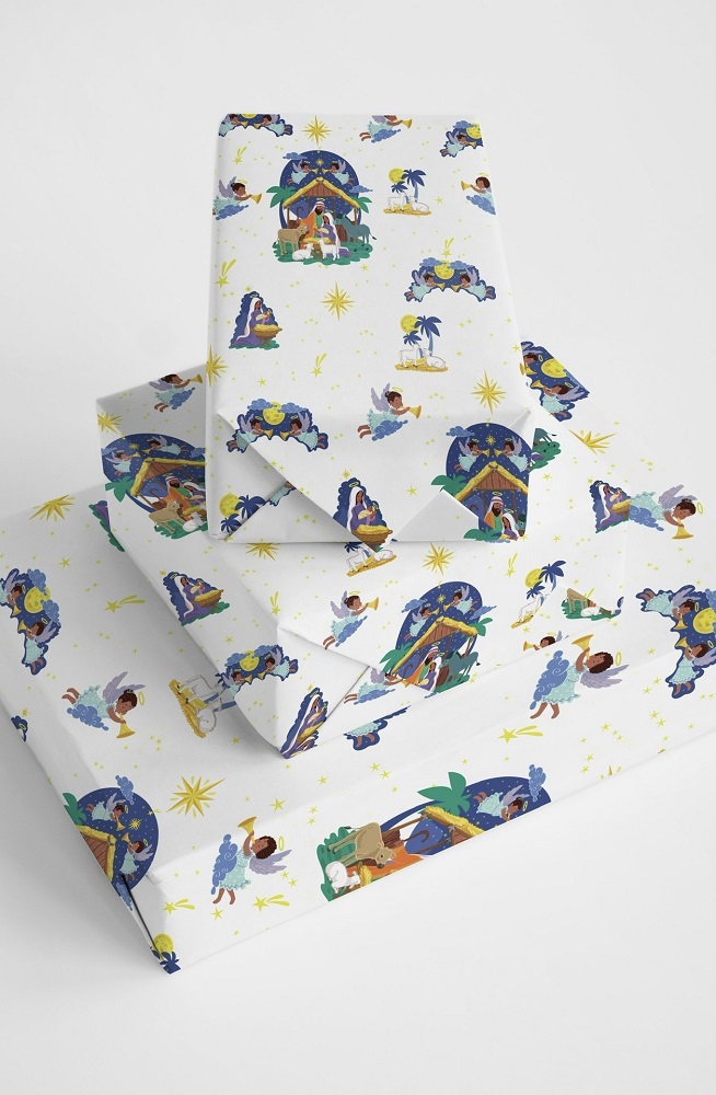 holiday wrapping paper featuring brown skinned angels and nativity scene from midnight reflections
