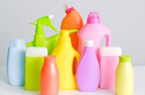 colorful cleaning product bottles