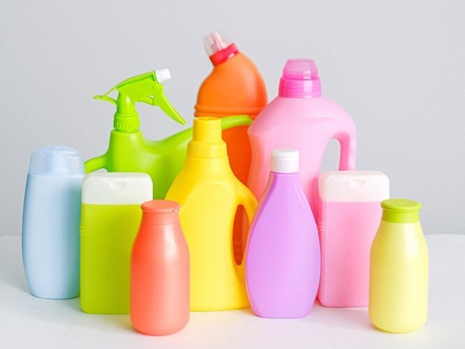 colorful cleaning product bottles