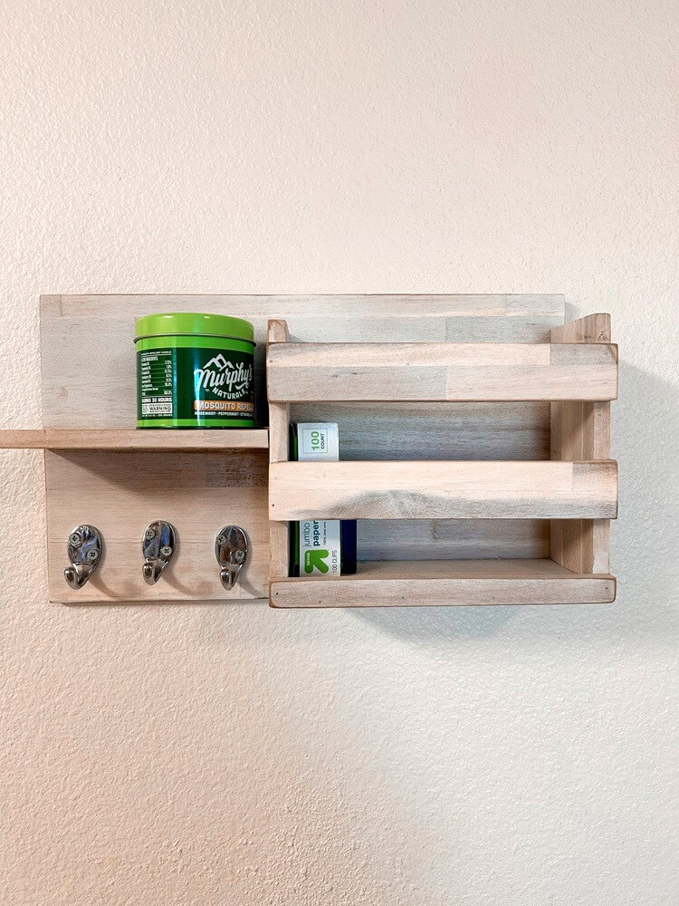 wooden floating mail organizer with key hooks and a mini shelf 